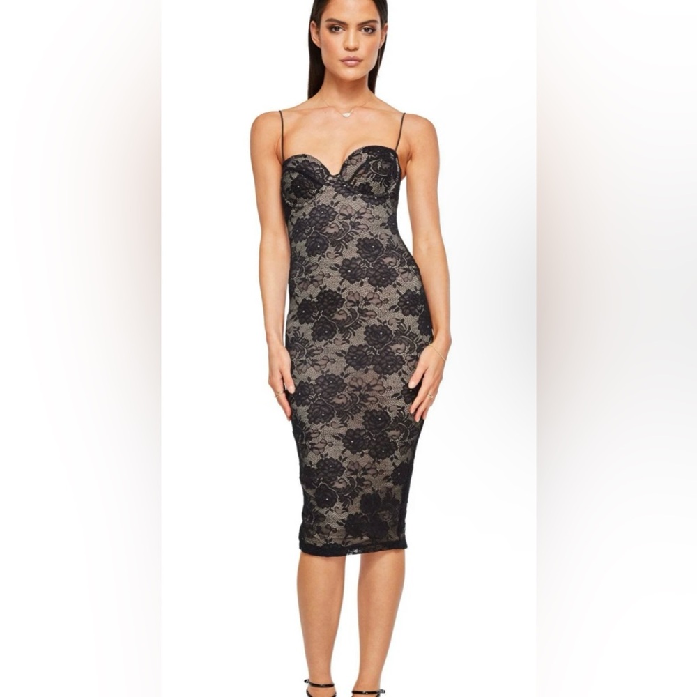 Nookie Heaven Midi Black Lace Dress Size L (fits 8) NWT